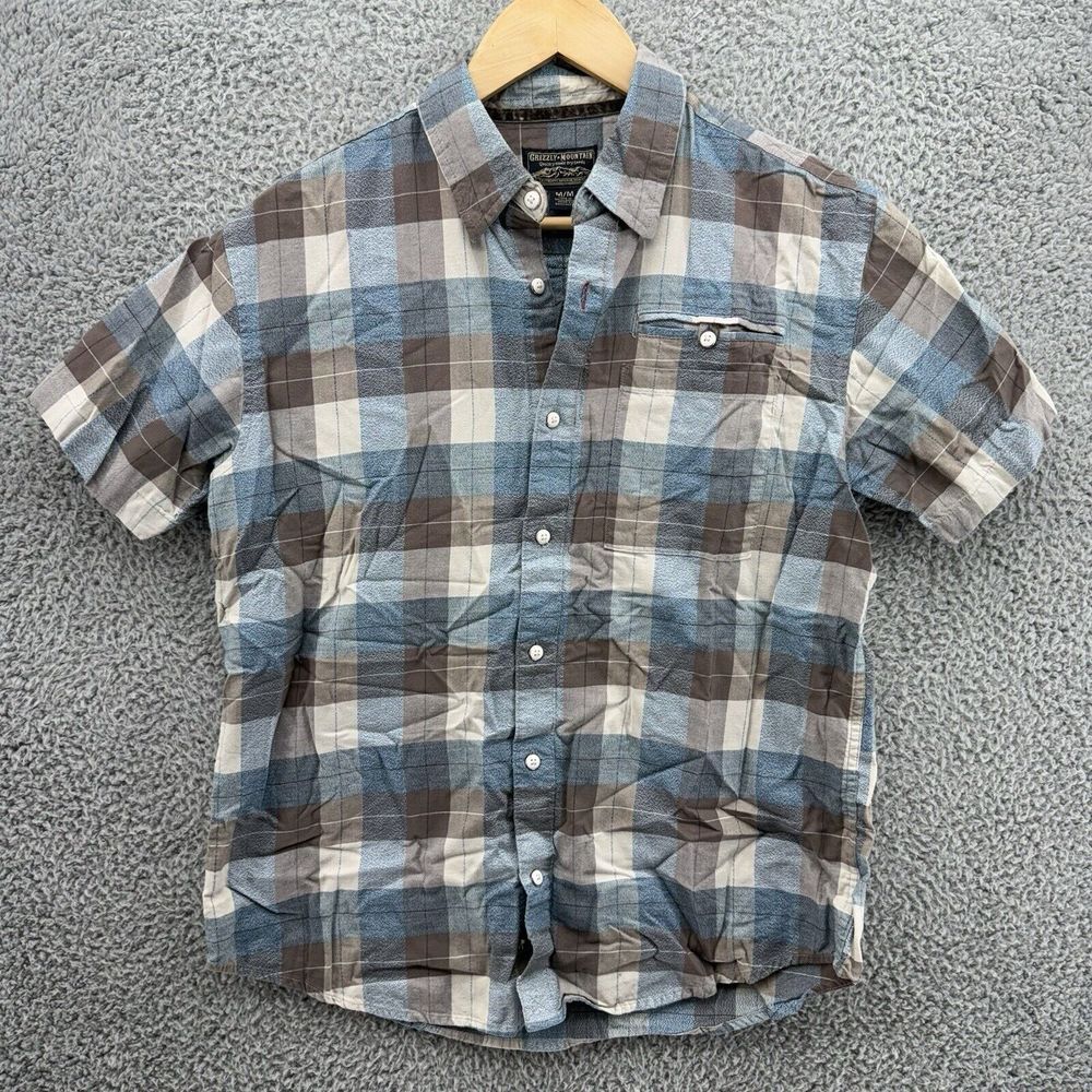 GRIZZLY MOUNTAIN Men's M Woven Plaid Button Up Short‎ Sleeve Blue Gray Shirt